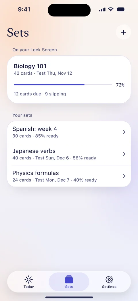 Flashlet’s Sets screen: Biology 101 on the Lock Screen, 72% ready for its test on Thursday, November 12, and three more sets, each with its own test date and readiness.