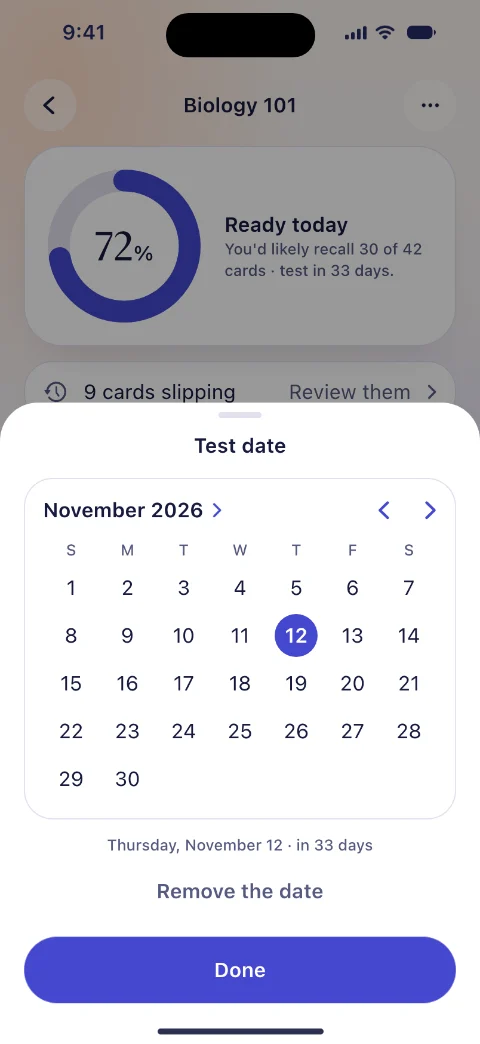 A calendar in Flashlet with November 12 picked as the test date, 33 days away.