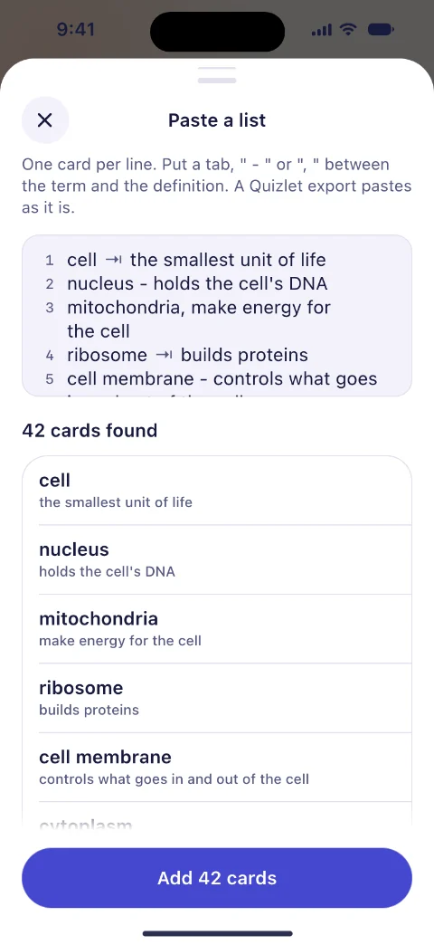 Flashlet’s Paste a list screen: biology terms with their meanings, and 42 cards found.