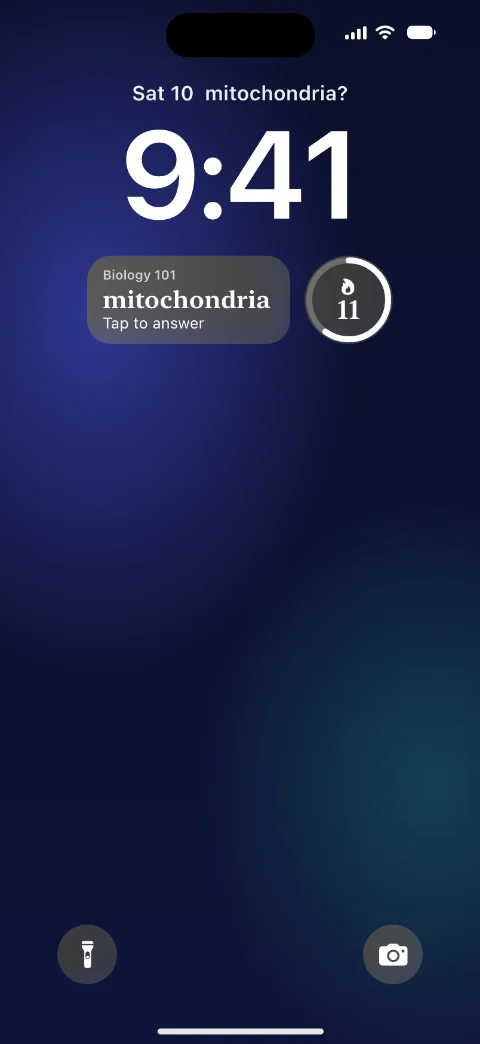 A Lock Screen with a Flashlet widget that shows the card mitochondria.